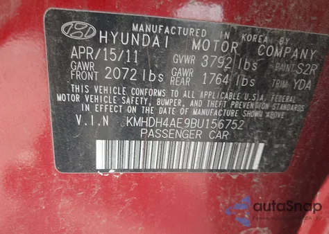 2011 Hyundai Elantra Limited (Ulsan Plant) z USA, uszkodzony, nr VIN KMHDH4AE9BU156752